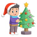 Cartoon little boy decorating a Christmas tree with balls Royalty Free Stock Photo