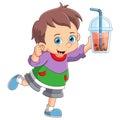 Cartoon little boy drink bubble milk tea