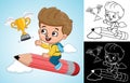 Cartoon little boy on flying big pencil chasing golden trophy Royalty Free Stock Photo