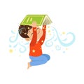 Cartoon little boy holding open magic book over his head. Cute kid character in flat style. Children imagination and