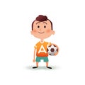 Cartoon little boy holds the ball in his hand. A young man is going to play football. Kid with a soccer ball in flat