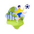 Cartoon Little Boy Kicking Ball on Green Field Royalty Free Stock Photo