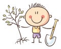 Cartoon little boy planting a tree with a shovel. Vector illustration, gardening, holding spade. Nature saving