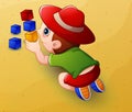 Cartoon little boy playing with cubes toys in sand