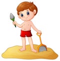 Cartoon little boy playing sand with a shovel Royalty Free Stock Photo