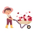 Cartoon little boy pushing wheelbarrow full of hearts. Valentines Day concept