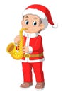 Cartoon little boy in red santa clothes playing golden trumpet Royalty Free Stock Photo