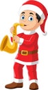 Cartoon little boy in red santa clothes playing golden trumpet Royalty Free Stock Photo