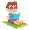 Cartoon little boy relaxing and reading map