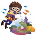 Cartoon little boy scuba diver. Marine photography or shooting. Underwater world. Coral reef with fishes, pearl shells and sea