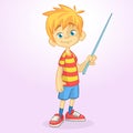 Cartoon little boy in shorts and striped t-shirt. Vector illustration of a funny make presentation with pointer.