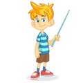 Cartoon little boy in shorts and striped t-shirt. Vector illustration of a funny make presentation with pointer.