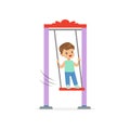 Cartoon little boy standing on swing. Kid playing in public park or kindergarten playground. Child character in flat Royalty Free Stock Photo