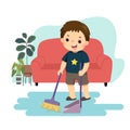 Cartoon of a little boy sweeping the floor. Kids doing housework chores at home concept