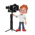 Cartoon Little Boy Teen Person Character Mascot with DSLR or Video Camera Gimbal Stabilization Tripod System. 3d Rendering