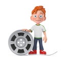 Cartoon Little Boy Teen Person Character Mascot with Film Reel Cinema Tape. 3d Rendering