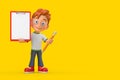 Cartoon Little Boy Teen Person Character Mascot with Red Plastic Clipboard, Paper and Pencil. 3d Rendering Royalty Free Stock Photo