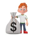 Cartoon Little Boy Teen Person Character Mascot with Tied Rustic Canvas Linen Money Sack or Money Bag with Dollar Sign. 3d