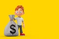 Cartoon Little Boy Teen Person Character Mascot with Tied Rustic Canvas Linen Money Sack or Money Bag with Dollar Sign. 3d