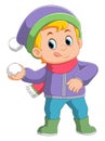 Cartoon little boy in winter clothes throwing snowballs