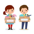 Cartoon of little children girl and boy holding donation box with clothes and toys Royalty Free Stock Photo