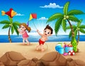 Cartoon of little children playing with kites on the beach