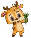 Cartoon little deer holding grass on white background