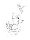 Coloring page with adorable little duckling swimming Royalty Free Stock Photo