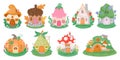 Cartoon little fantasy houses for fairies, elves, gnomes or dwarfs. Mushroom, pumpkin and flower cute fairytale homes in forest