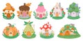 Cartoon little fantasy houses for fairies, elves, gnomes or dwarfs. Mushroom, pumpkin and flower cute fairytale homes in Royalty Free Stock Photo