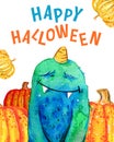 Cartoon little furry monster and pumpkins with title `Happy Halloween`. Hand drawn watercolor illustration