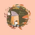 Cartoon Little Girl with Animals in Autumn Wreath