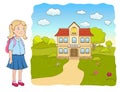 Cartoon little girl with backpack, school building. vector illustration Royalty Free Stock Photo