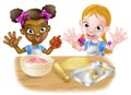 Cartoon Little Girl Chefs Cooking Royalty Free Stock Photo