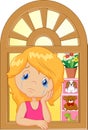 Cartoon little girl cry and watching out the window Royalty Free Stock Photo