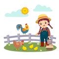 Cartoon of little girl farmer feeding her chickens