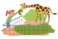 Cartoon little girl feeding giraffe at contact zoo