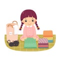 Cartoon of a little girl folding clothes. Kids doing housework chores at home concept