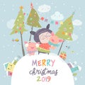 Cartoon little girl with funny pigs. Christmas card