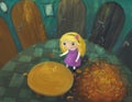 cartoon little girl in the hidden room of some castle like house with lots of doors and round table and autumn leafs illustration