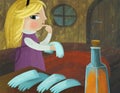 cartoon little girl in the hidden room of some castle like house with lots of doors and round table seeing some potion