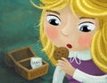 cartoon little girl in the hidden room of some castle like house and wooden chest eating some cookie illustration for children Royalty Free Stock Photo