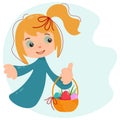 Cartoon little girl holding a basket of Easter eggs. Magic fairy. Template for Happy Easter design. Postcard, flyer Royalty Free Stock Photo