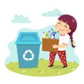 Cartoon of a little girl holding a carton with the plastic bottles to the recycle bin. Kids doing housework