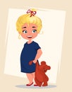 Cartoon little girl holding teddy bear toy. Cute illustration on abstract background. Royalty Free Stock Photo