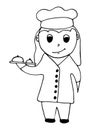 Cartoon little girl holding a tray with a dish and louche. Vector illustration of a teenager girl different dishes