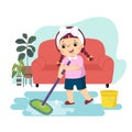 Cartoon of a little girl mopping the floor. Kids doing housework chores at home concept