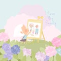 Cartoon Little Girl painting Portrait of Family on Flower Meadow