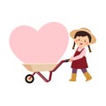 Cartoon little girl pushing wheelbarrow with pink big heart. Valentines Day concept