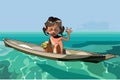 Cartoon little girl sailing alone in a boat